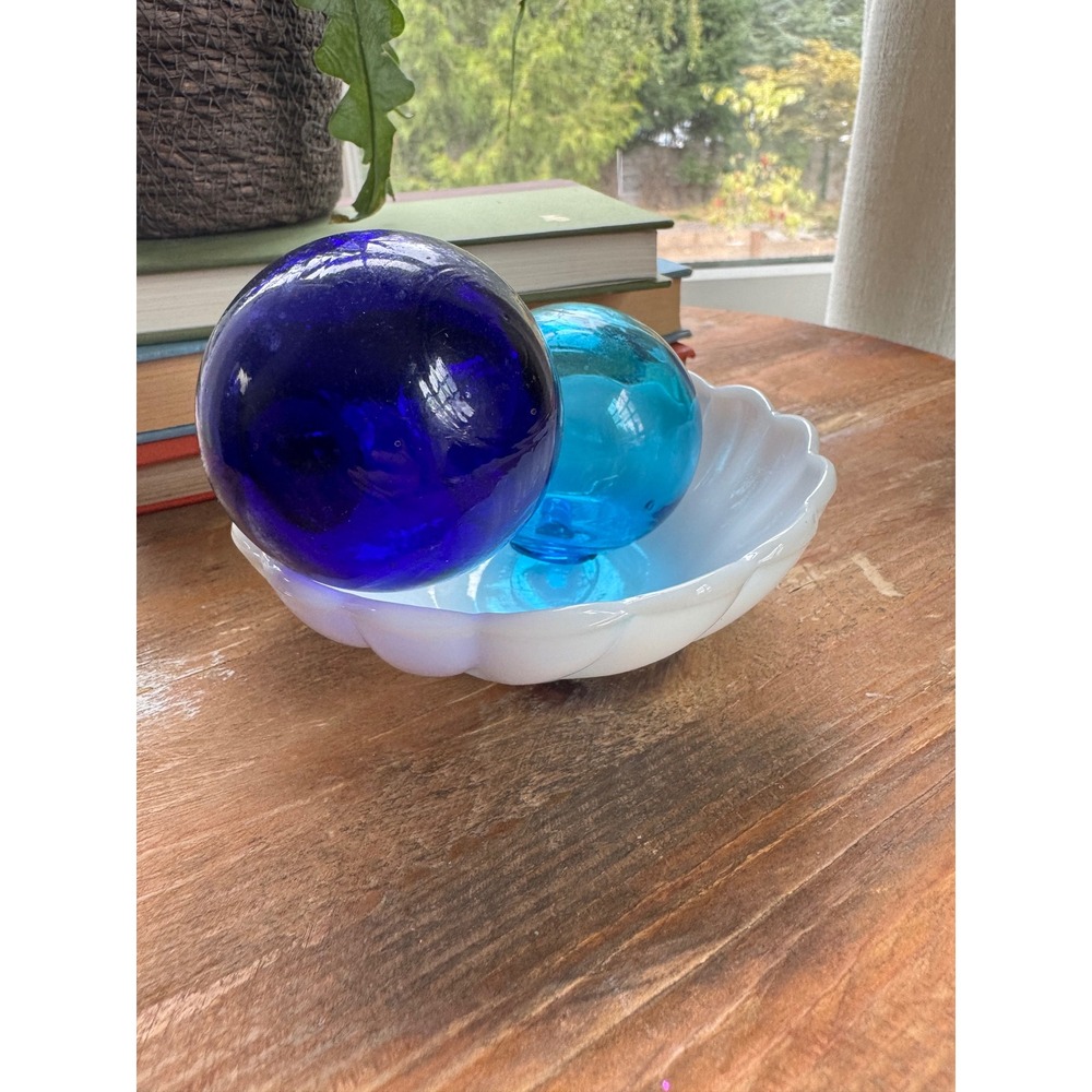 Vintage Hand Blown Glass Fishing Floats Cobalt Aqua Blue Nautical Decor Set of 2